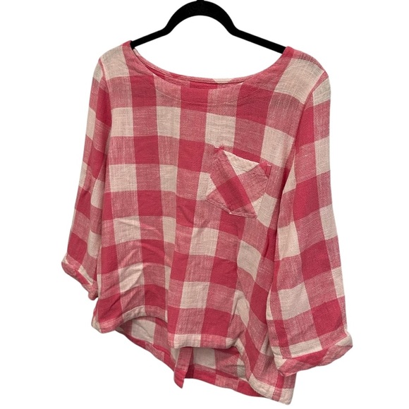 Orvis pink and white checkered plaid linen blend top buttons on back Medium - Picture 2 of 11